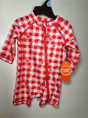 wonder nation Red & White Gingham Cherry Zip-Front Swim Rashguard